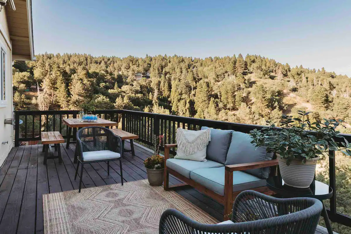 Wild Olive Den - Patio in summer, Cabin Rental Near Big Bear, and Lake Gregory